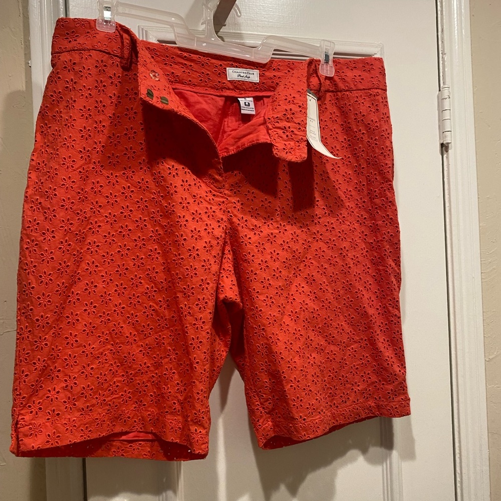Charter Club Bright Coral Red Orange eyelet bermuda shorts. Size 18